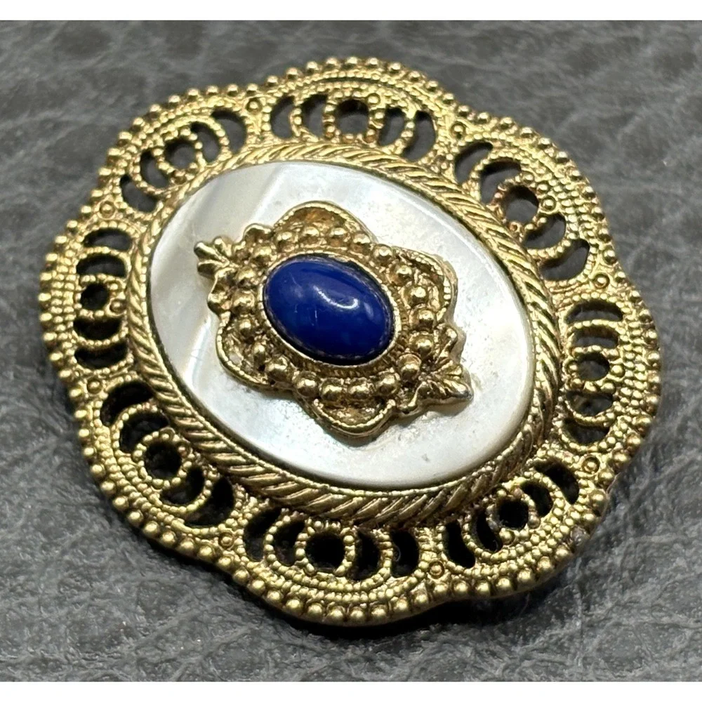 VTG 1928 Brand Victorian Revival Filigree Small Brooch Blue Cabochon Gold Tone